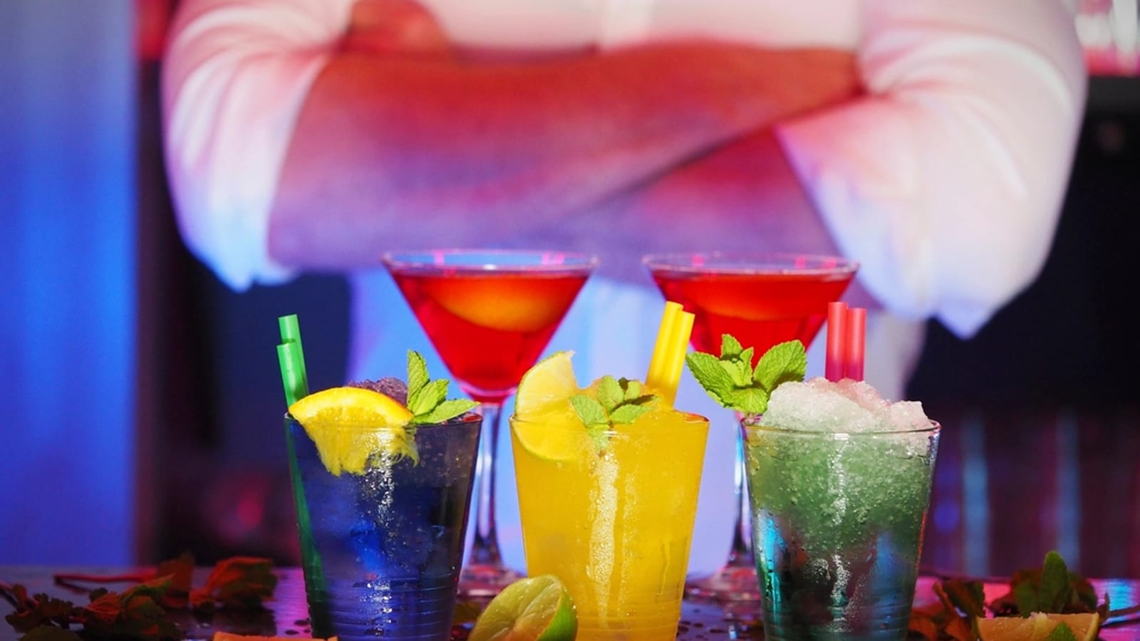 Alcohol-free cocktails on a bar counter